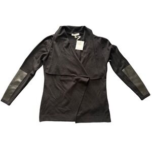 NWT Sioni Milano Black Open Front Cardigan Faux Leather Elbow Patches Small
